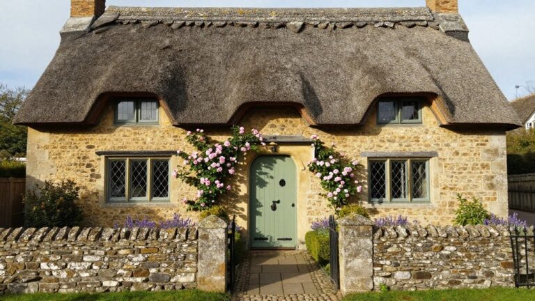 A thatched-roof stone cottage with pink climbing roses draping over a small porch above a green front door, flanked by lavender plants and a low stone wall with black gate.