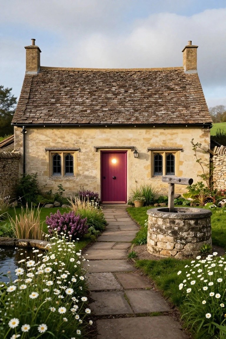 Small two-story stone cottage with a bright red front door, arched windows, stone chimneys, slate roof, surrounded by flower gardens, grass, and a stone well with a path leading to the door.