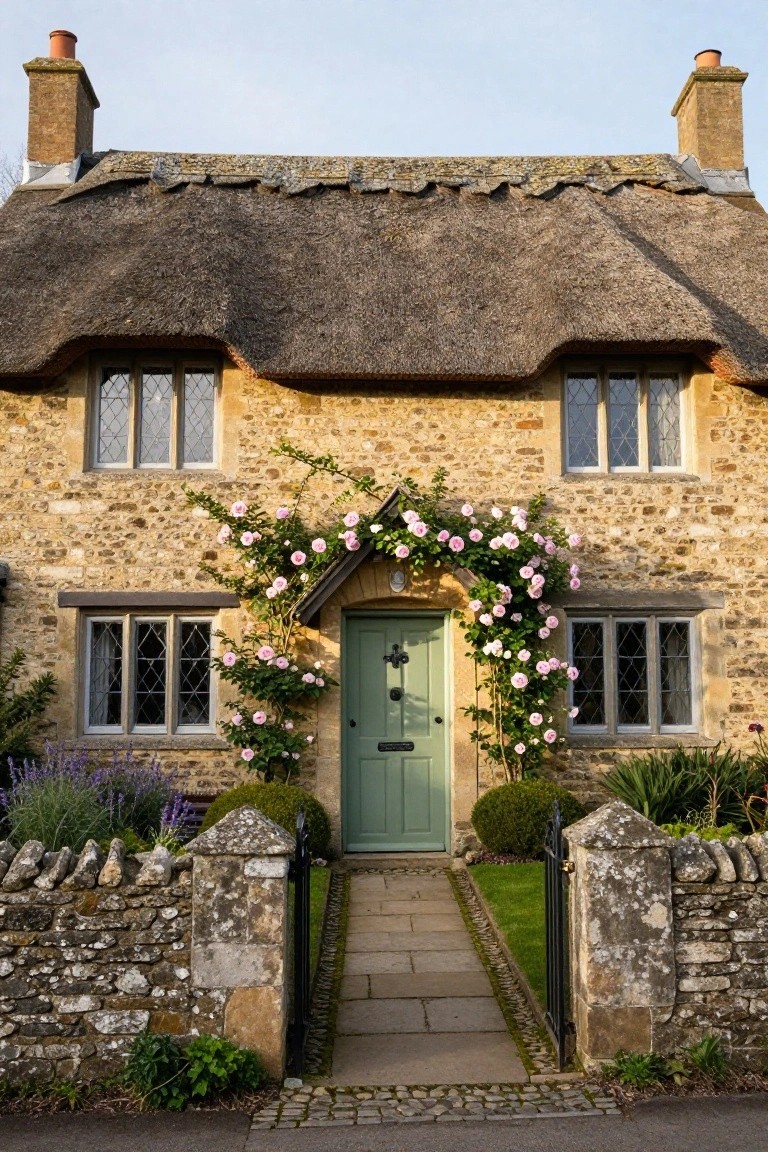 A thatched-roof stone cottage with pink climbing roses draping over a small porch above a green front door, flanked by lavender plants and a low stone wall with black gate.