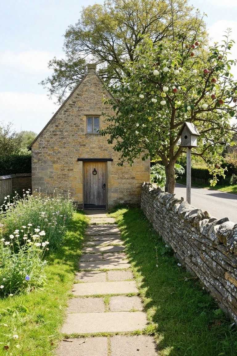 Small rectangular honey-colored stone cottage with gabled roof, small upper window, wooden door with knocker, flagstone path edged by flowers and grass, stone wall, apple tree with birdhouse, and rural road.