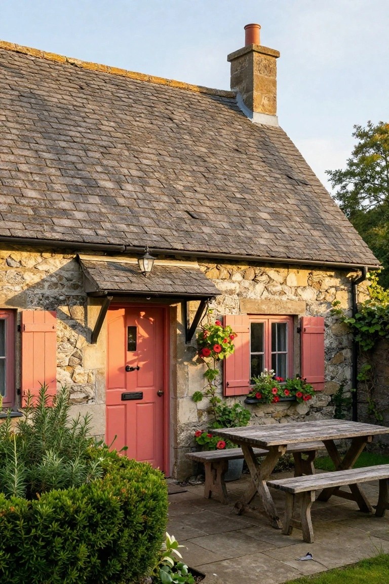 Stone cottage exterior with slate roof, pink front door, pink shutters on windows with flower boxes, hanging flower basket, potted plants, wooden table and benches on paved patio, surrounded by greenery and shrubs.