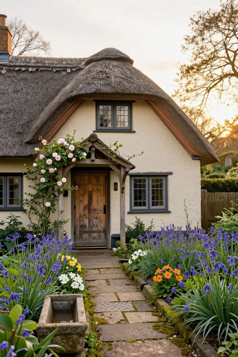 Cream stucco cottage with curved thatched roof, dark timber porch framing wooden door, climbing pink roses, leaded windows, and stone path lined with purple bluebells, white flowers, and orange calendulas.