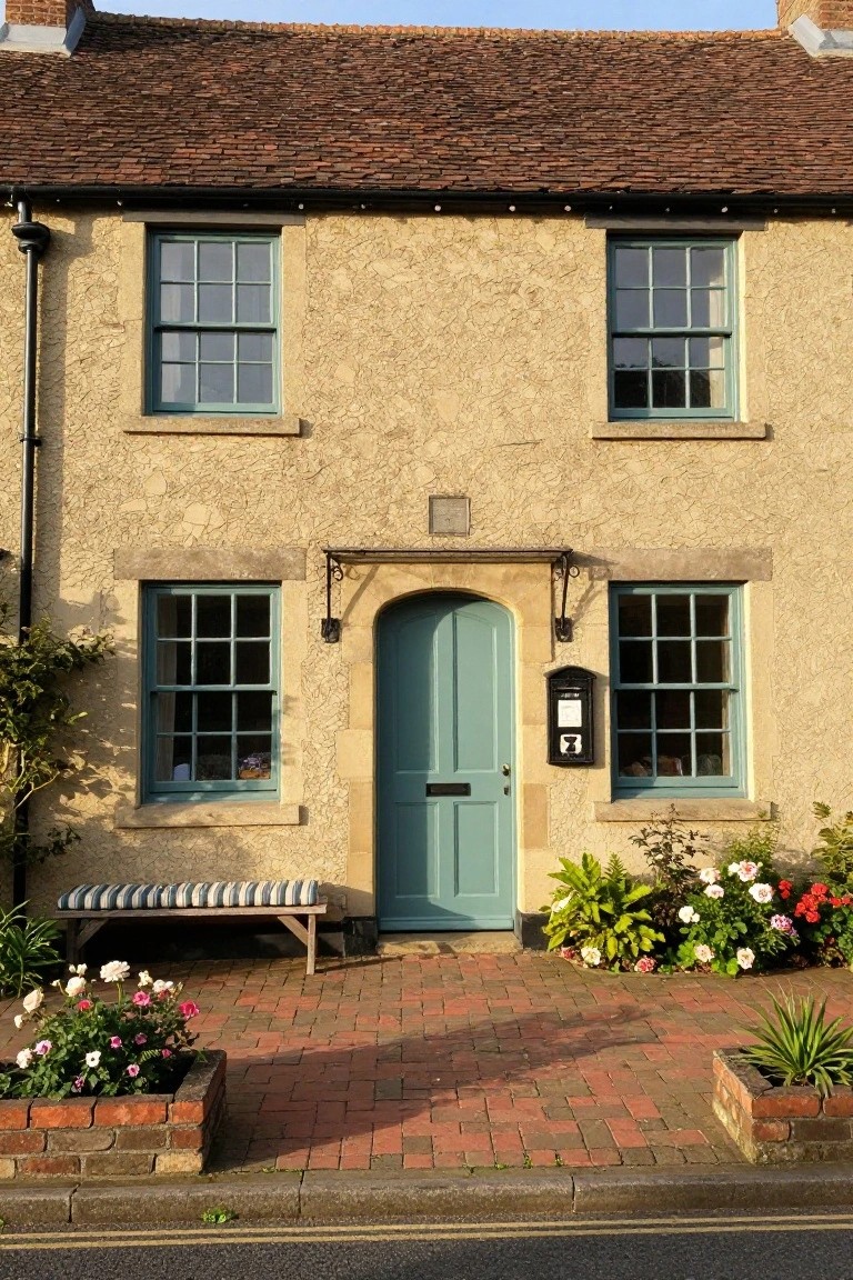 Two-story English cottage with ochre textured plaster walls, blue sash windows on both levels, central turquoise arched front door with stone surround and black lantern lights, brick pathway, potted flowers and bench in front.