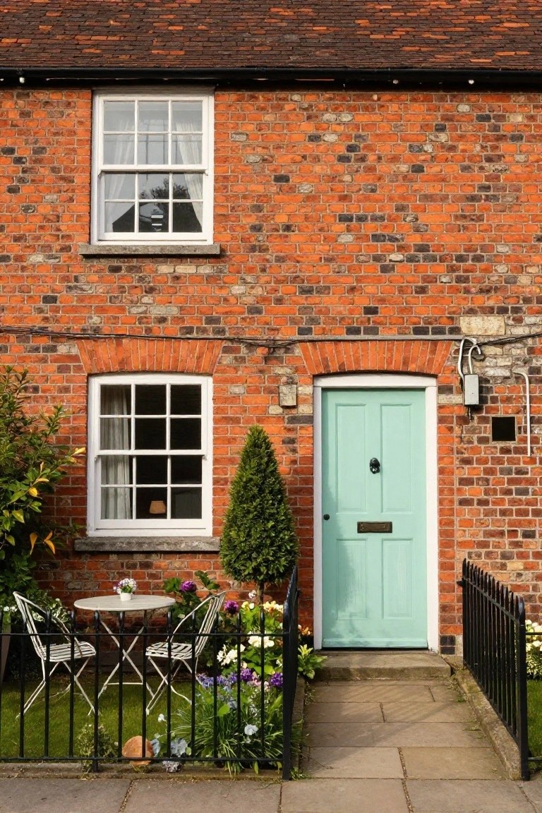 Red brick two-story English cottage exterior with turquoise front door, white sash windows, small front garden featuring a table with chairs and flowers, conifer tree, and black metal fence along stone path.