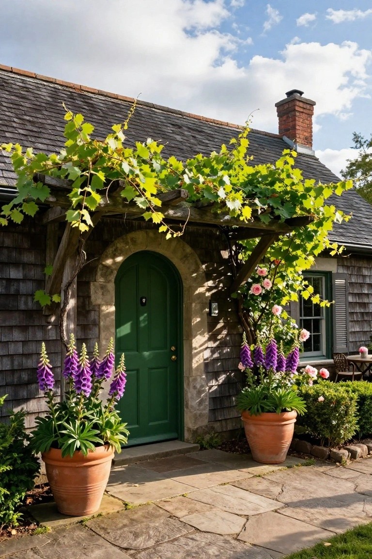 Shingle-clad cottage exterior featuring a green arched door under a wooden pergola covered in green grapevines, flanked by purple foxglove plants in large terracotta pots, with a stone pathway leading to the entrance.