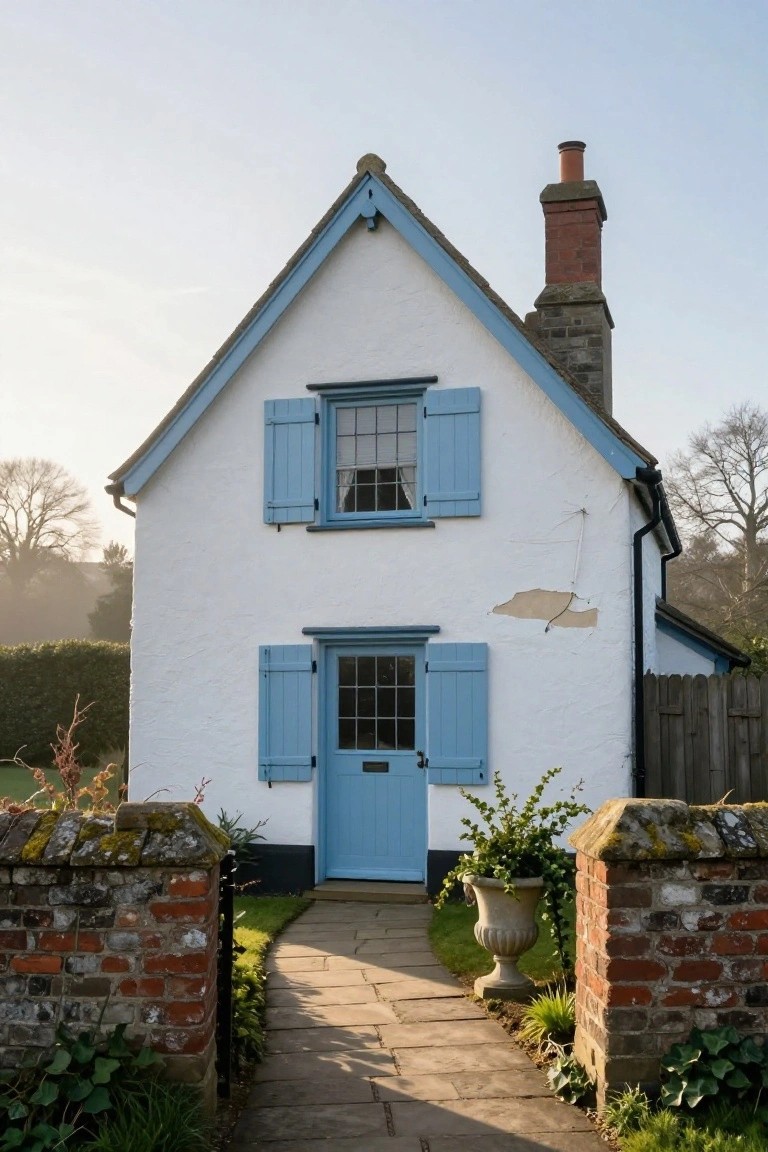 A small white cottage with blue shutters on the windows, a blue front door, blue trim on the gables, a brick chimney, brick boundary walls with gate, stone pathway, potted plants, and surrounding garden in morning light.