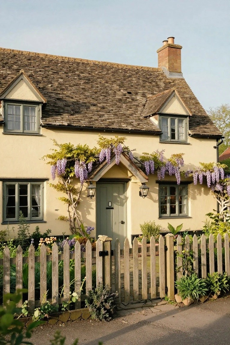 A cream English cottage with wisteria vines and purple flowers cascading over the entry porch and walls, sage green front door flanked by lanterns, multi-paned windows, steeply pitched stone-tile roof, wooden picket fence, and front garden plantings.