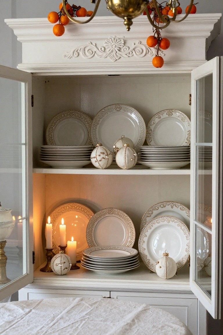 Open white china cabinet displaying stacked white plates with gold rims, white fabric-covered spherical ornaments with pearl beads, lit candles on candlesticks, and small decorative pumpkins on shelves.