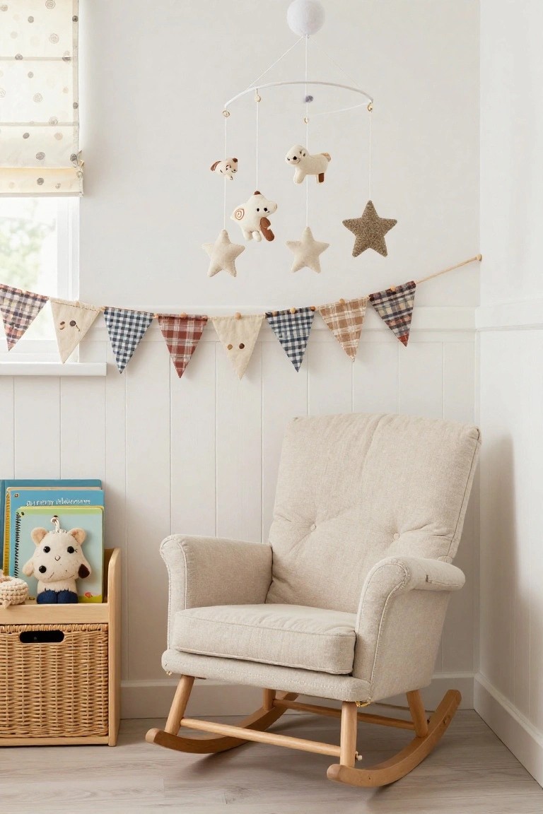 A nursery room with white paneled walls, a beige rocking chair, a hanging fabric mobile with sheep and bear toys, a multicolored fabric bunting garland, and a wooden toy cubby beside a children's book.