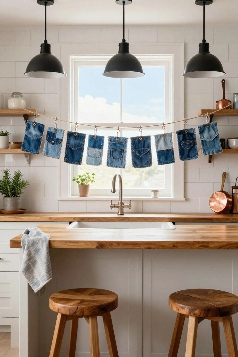 Kitchen with white subway tile walls, wooden island and bar stools, black pendant lights, and a clothesline garland of denim jeans pockets hanging across a window above the sink.