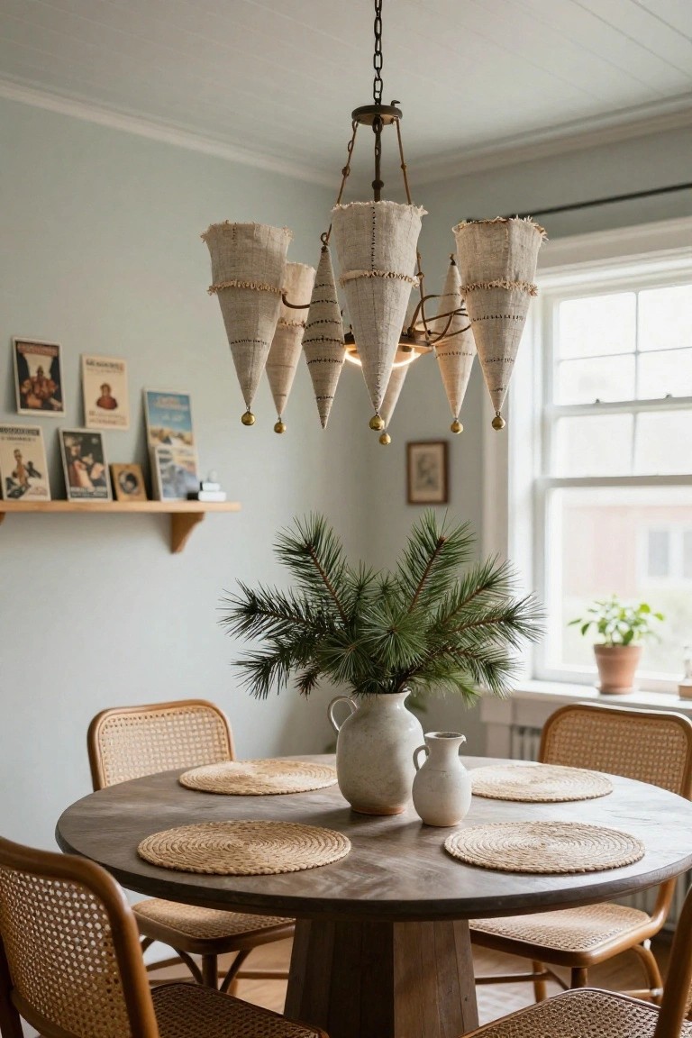 Dining room with pale green walls featuring a chandelier of five beige fringed fabric cone shades with gold bells, round wood pedestal table set with seagrass placemats and rattan chairs, pine branches in white vase at center, wooden shelf with books and photos beside window.