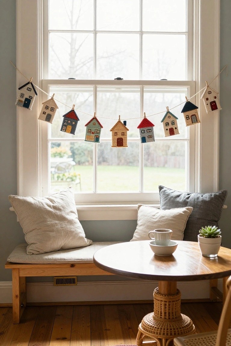 Garlands of small colorful fabric houses hang from a string with clothespins across a large divided-light window above a wooden bench seat, round table with teacup and saucer, pillows, and potted succulent in a light-filled room with beige walls and wood floor.