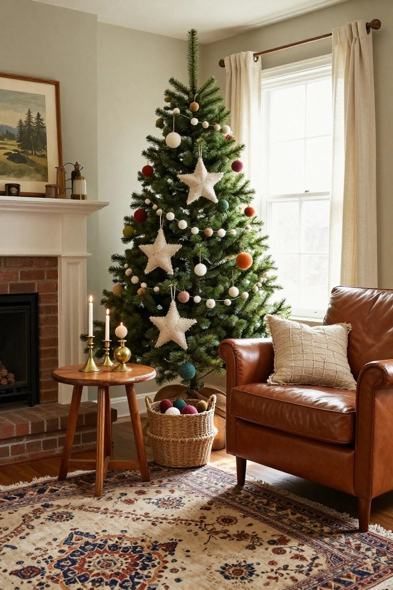 Cozy living room corner featuring a decorated evergreen Christmas tree with white felt stars, wool balls, and garlands, beside a brick fireplace with candles on a side table, leather armchair, and woven basket on a patterned rug.