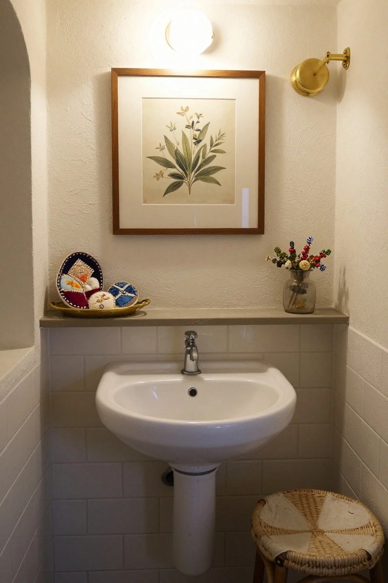 Small bathroom featuring a white pedestal sink, concrete shelf above with gold tray holding colorful embroidered fabric eggs, beaded flower vase, botanical artwork on wall, rattan stool, and brass fixtures.