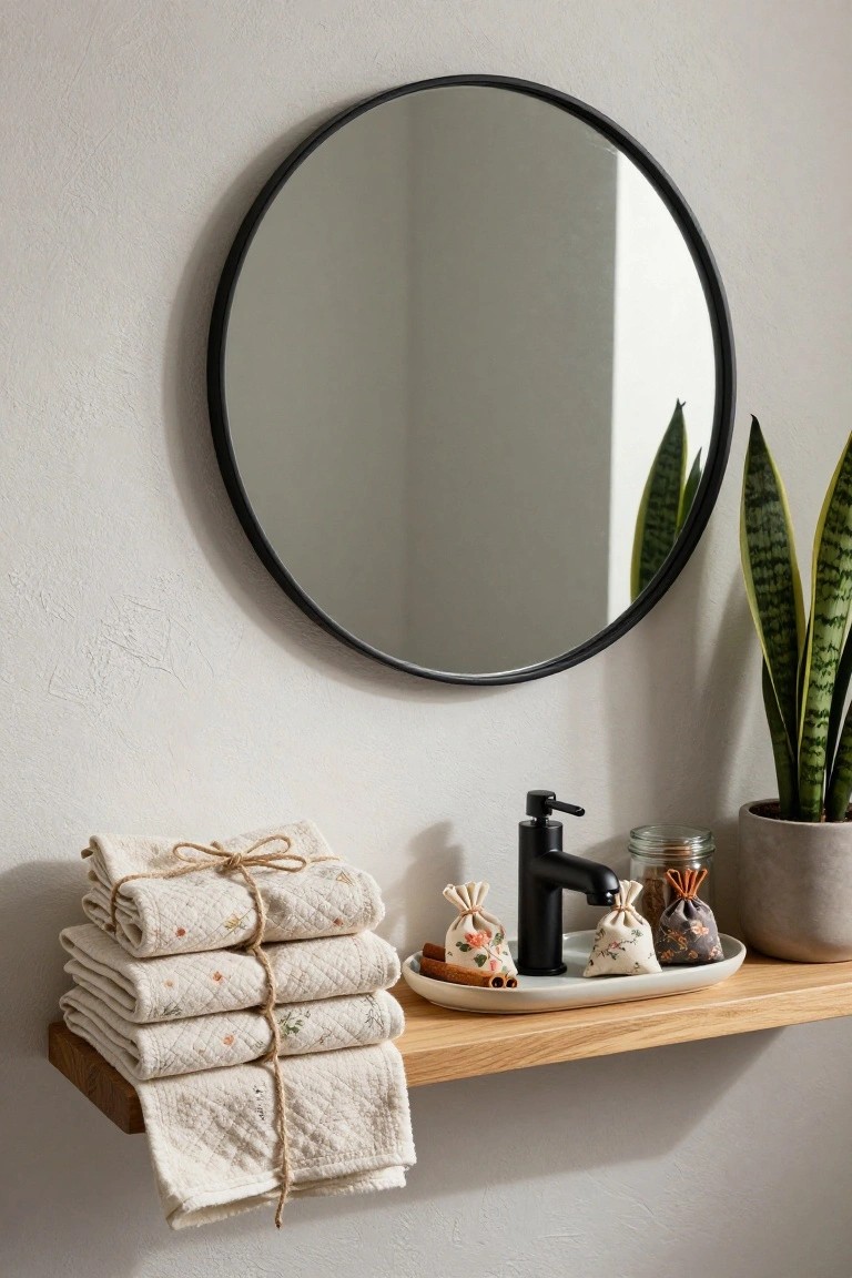 Wooden floating shelf above a bathroom sink holding stacked beige quilted towels tied with twine, three small patterned fabric drawstring bags, a black faucet and soap dispenser, a white dish with nuts and cinnamon sticks, and a potted snake plant next to a round black-framed mirror on a light wall.
