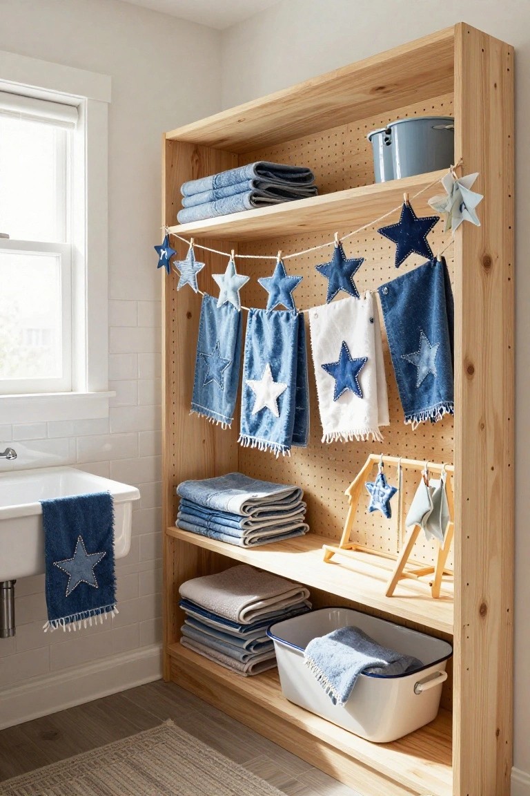 Wooden pegboard-backed bookshelf in a bathroom holding stacked towels and baskets, with blue denim towels featuring star appliques hanging from pegs and fabric star garlands draped across the shelves.