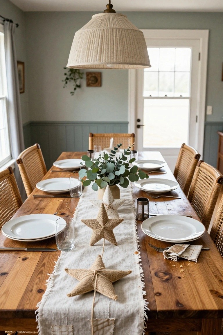 Dining table with wooden top set for a meal using white plates, glasses, silverware, eucalyptus stems in a white vase as centerpiece, and a beige linen runner with multiple fabric-covered star ornaments, rattan chairs around it in a room with light green walls and a fabric pendant light.