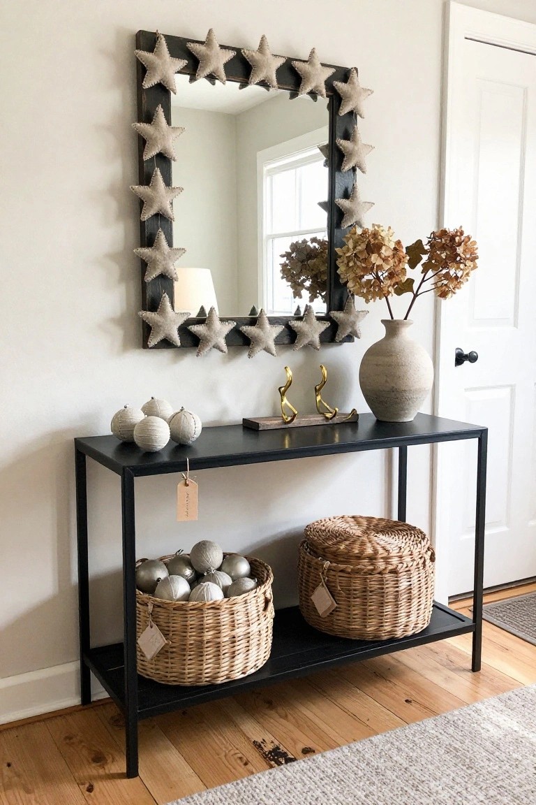 Square mirror with light gray stuffed fabric star ornaments attached to a dark wood frame, hung above a black metal console table displaying small fabric-covered balls, gold sculptures, a beige vase of dried hydrangeas, and two woven baskets filled with silver ornaments in a white-walled entryway with hardwood floors.