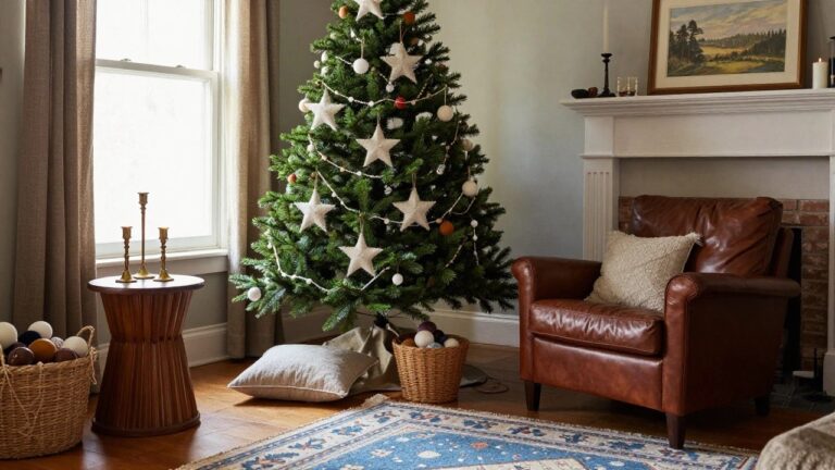 Cozy living room corner featuring a decorated evergreen Christmas tree with white felt stars, wool balls, and garlands, beside a brick fireplace with candles on a side table, leather armchair, and woven basket on a patterned rug.