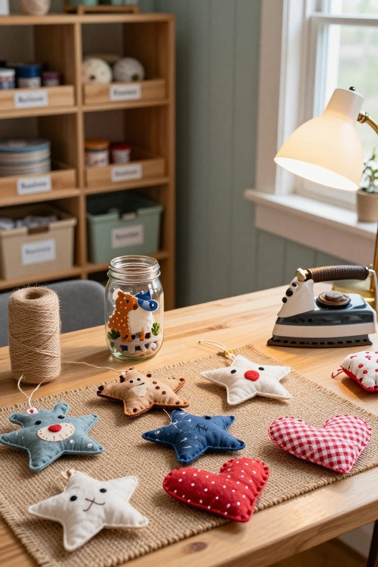 Wooden table with handmade fabric star-shaped Christmas ornaments featuring animal faces in blue, white, beige, and other colors, plus hearts, displayed on a burlap mat next to yarn, a jar with a fabric animal, and crafting supplies in a home workspace.