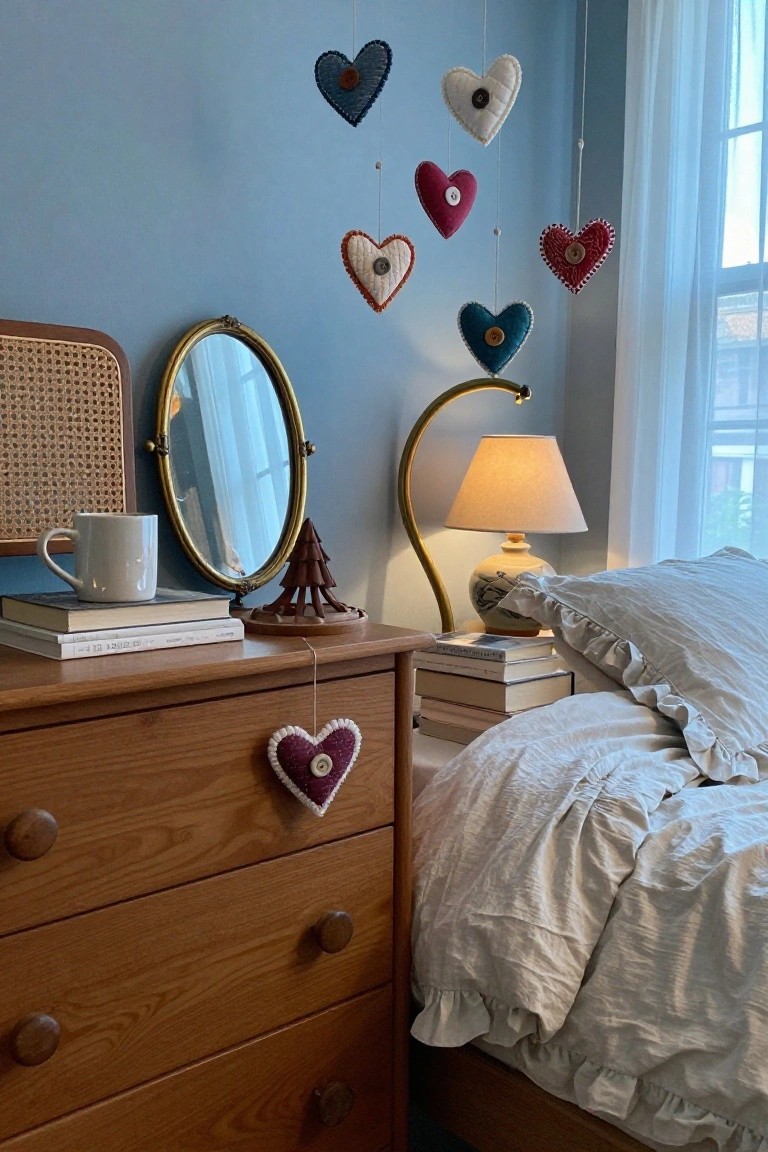 Colorful handmade fabric heart ornaments in various colors and textures hanging from strings above a wooden dresser next to a bed with white ruffled linens in a blue-walled bedroom, with a lamp, mirror, books, and small wooden tree on the dresser.