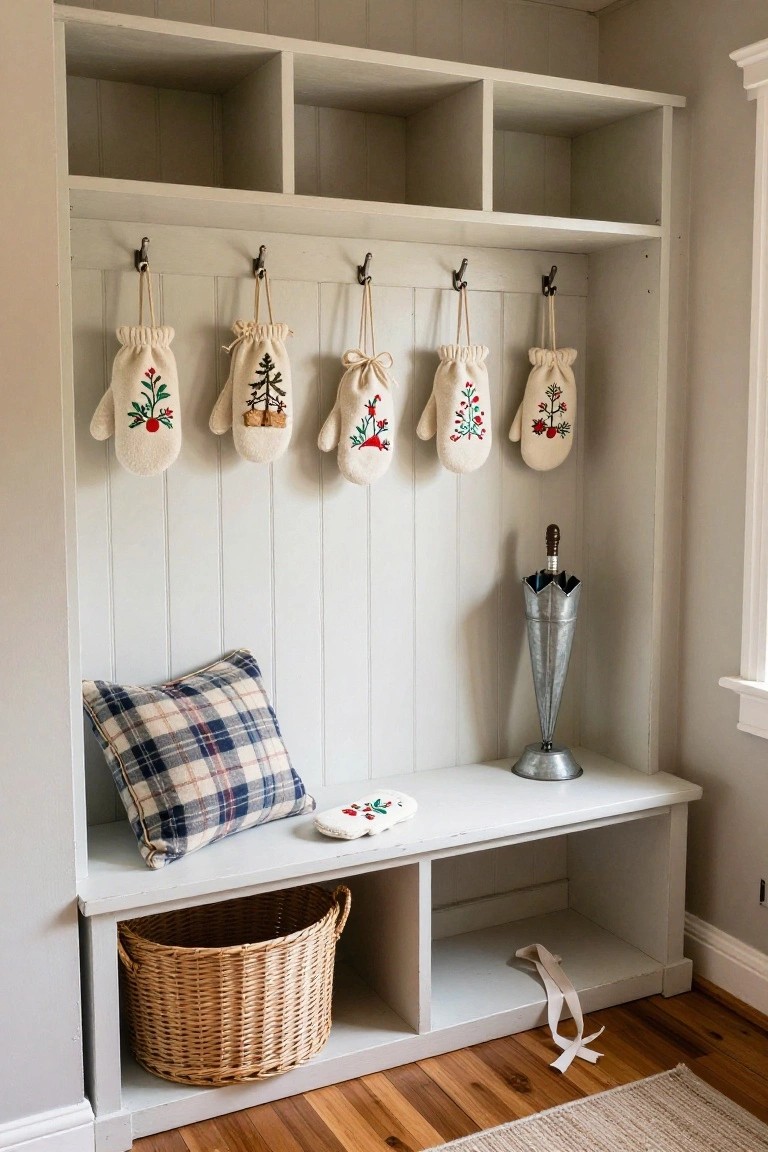 Built-in white mudroom cabinetry with open shelves and cubbies, coat hooks holding five hanging white fabric mittens embroidered with greenery and trees, plaid pillow and small ornament on bench, metal umbrella stand, wicker basket in lower cubby, on wood floor with rug.