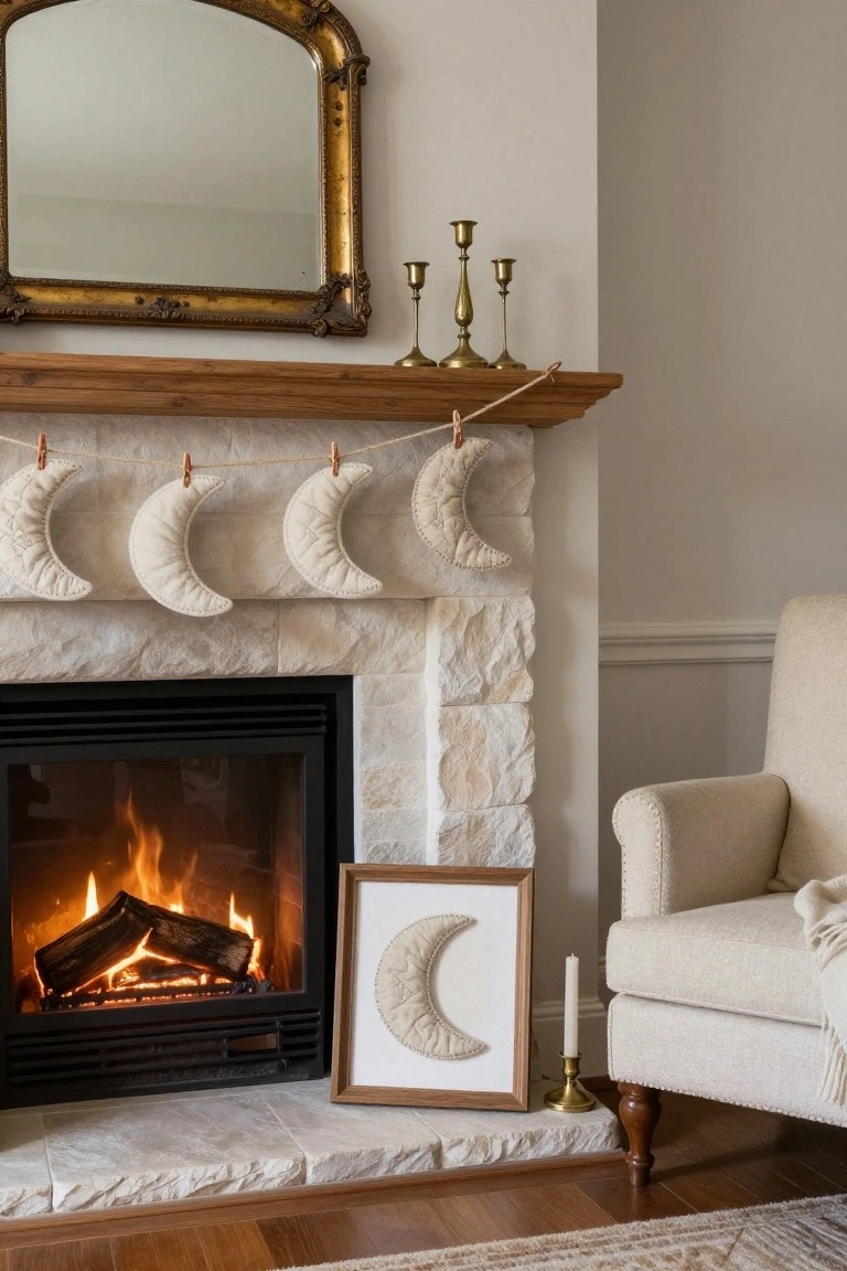 Stone fireplace with burning fire in a neutral living room, wooden mantel holding gold mirror, brass candlesticks, and garland of white fabric crescent moon ornaments on twine, plus framed moon artwork, single candle, and beige armchair with throw nearby.