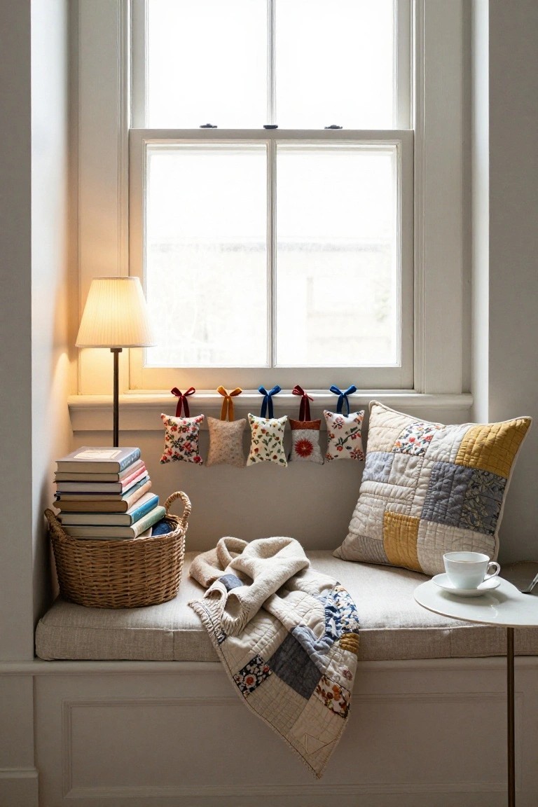 Cozy indoor window seat with stacked books in a wicker basket, a table lamp, several colorful fabric sachets hanging from the window frame by ribbons, a quilted pillow and blanket draped over the bench, and a white teacup on a side table.