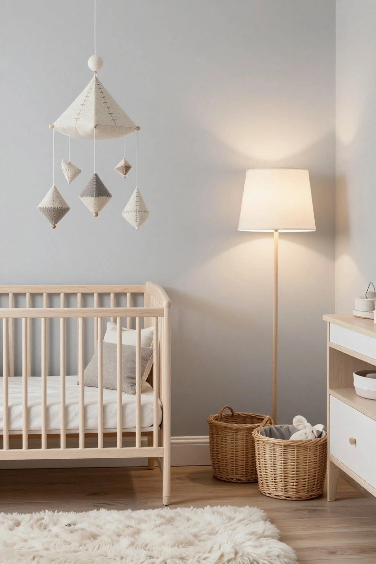 Light gray nursery with white wooden crib topped by gray pillow, handmade fabric pyramid and diamond mobile hanging above, tall floor lamp, white changing table with wicker baskets and stuffed animals, and white shag rug on wood floor.