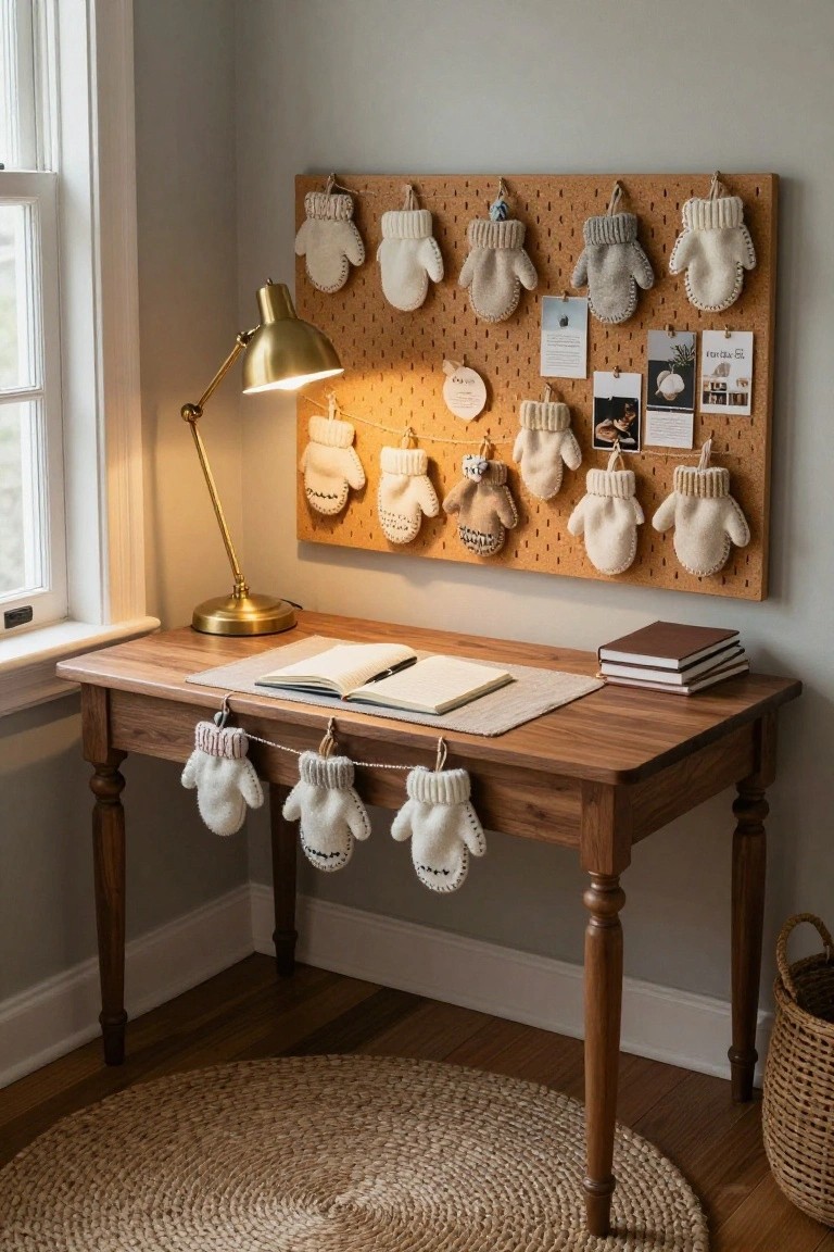 Corner room with wooden desk holding open notebook and books, gold desk lamp lit, corkboard above displaying various hanging knitted mittens in beige tones, seagrass rug on floor.