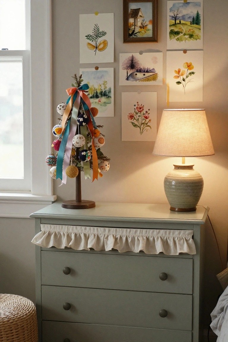 A small artificial Christmas tree decorated with colorful fabric-covered spherical ornaments, ribbons, and fabric flowers stands on a wooden base next to a mint-green dresser with ruffled skirt, in a room with watercolor artworks on beige walls, a ceramic lamp, and a window.
