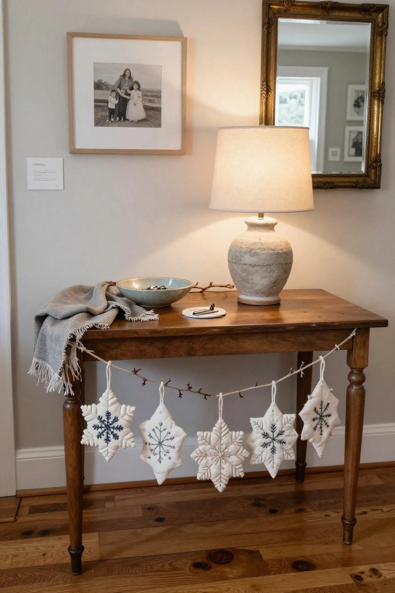 Wooden console table against a light gray wall holding a blue-green bowl with nuts, a gray fringed throw, lamp, and small plate, with white fabric snowflake garland hanging from the edge, family photo frame and gold mirror nearby.