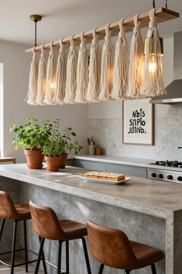 Modern kitchen with gray concrete island, four brown leather barstools, potted herbs on counter, white plate with layered pastry, macrame-style cream rope light fixture with brass accents and tassels hanging above, green cabinets, and wall art.