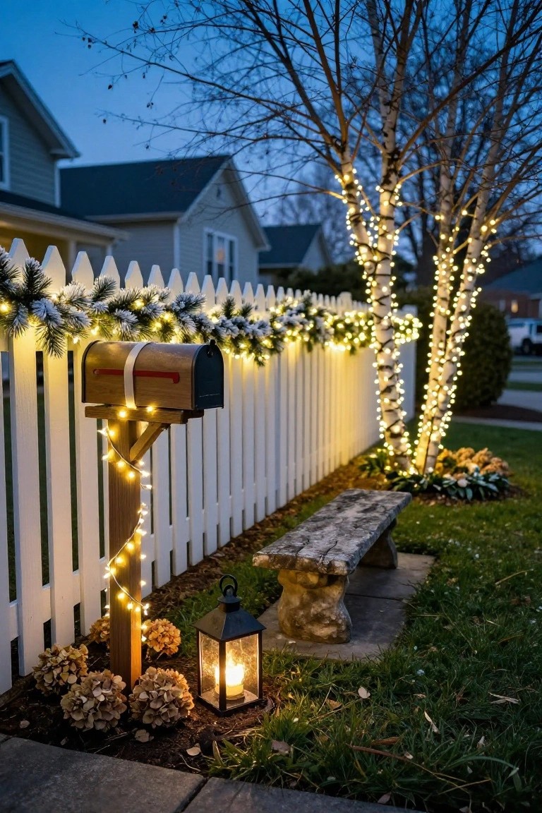 Wooden mailbox post wrapped in string lights next to a white picket fence decorated with garland and lights, birch trees with wrapped lights, stone bench, lantern, and hydrangeas in a front yard at dusk with houses in the background.