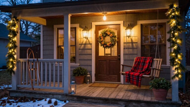 22 Farmhouse Christmas Light Ideas With Rustic Cozy Energy White farmhouse exterior at dusk with front porch featuring evergreen garlands and string lights on posts and railings, plaid blanket on wooden porch swing, wreath on dark front door, lanterns, sleigh, and pinecones near wooden steps.