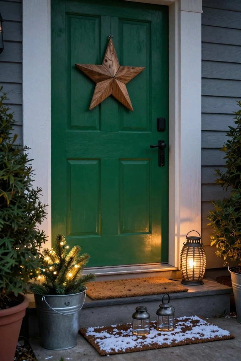 Green front door of a house with white trim and gray siding, decorated with a large wooden star, flanked by potted plants and a small lit Christmas tree in a metal bucket, lit lanterns on the steps, and a doormat with fake snow.