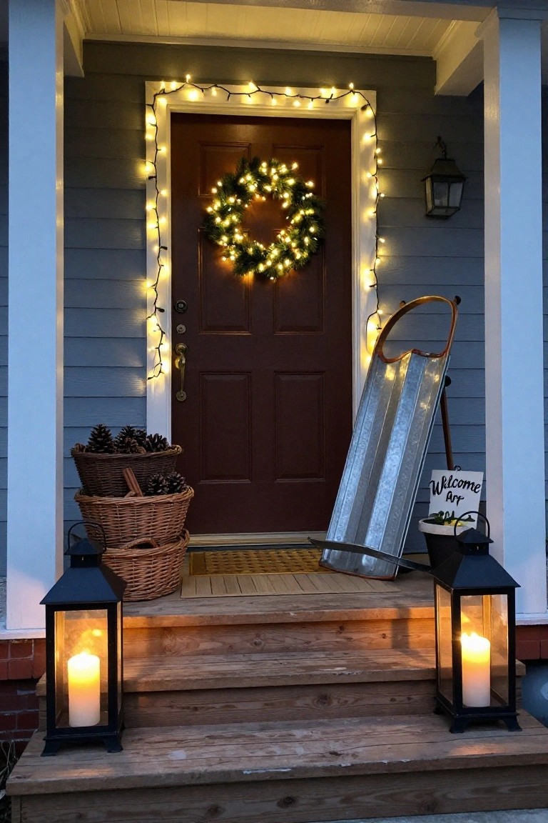 Gray shingled house front porch at dusk with white string lights framing the brown door and evergreen wreath, flanked by pinecone-filled baskets, a metal sled, lanterns on steps, and a wall lantern.