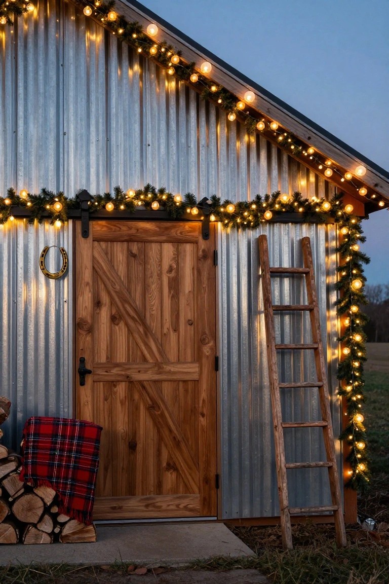 Corrugated metal barn with wooden sliding door, decorated with evergreen garlands and globe string lights along the edges, a gold horseshoe on the door, wooden ladder leaning against the wall, plaid blanket and firewood stack in front, at dusk.