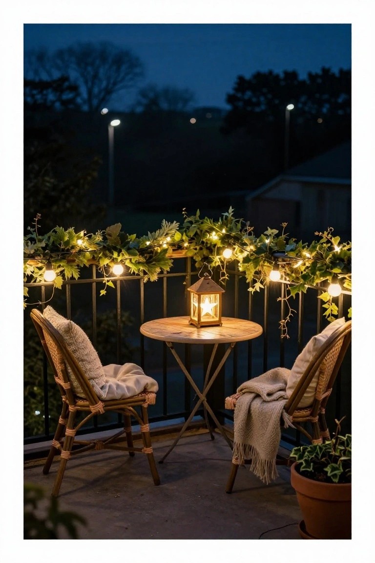 A balcony at dusk featuring two wicker chairs with cushions and blankets around a small wooden table holding a star-patterned lantern, string lights entwined in green garland along the black metal railing, potted plants nearby, and streetlights in the background.
