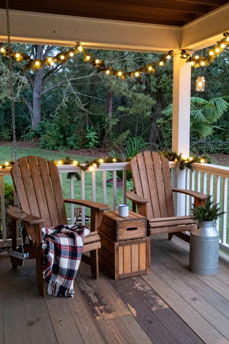 Rustic wooden porch with a hanging swing and two Adirondack chairs around a wooden crate table, plaid blankets draped over the furniture, a milk can nearby, string lights wrapped in evergreen garland along the railings and ceiling, and a wooded yard in the background.