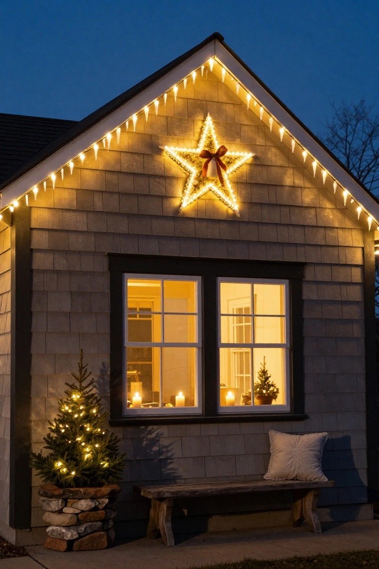 Gray shingled house exterior at dusk with yellow icicle lights along the roofline and eaves, large yellow-lit star decoration with red bow on the siding, lit windows showing small Christmas trees and candles inside, potted lit Christmas tree in stone planter and wooden bench with white pillow outside.