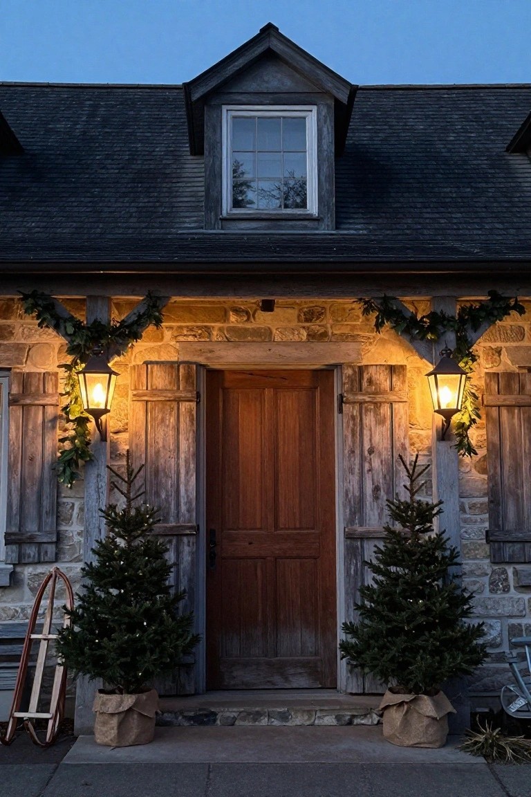 Stone farmhouse exterior at dusk featuring a wooden door with shutters, flanked by garland-wrapped hanging lanterns, two small lit Christmas trees in burlap pots, a wooden sled, and porch steps.