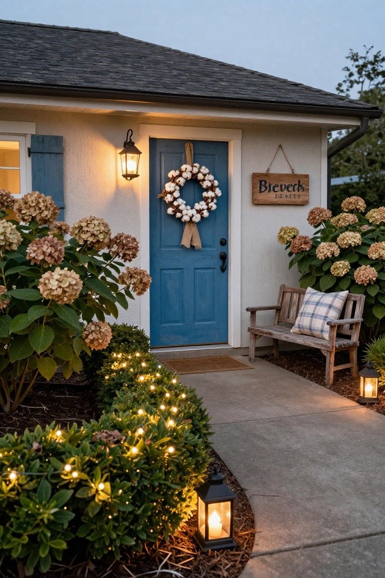 Beige cottage exterior at dusk with blue front door, cotton boll wreath, wooden "Bever's" sign, hydrangea bushes, plaid-cushioned wooden bench, boxwood shrubs lined with white string lights along concrete walkway, and lanterns on ground.