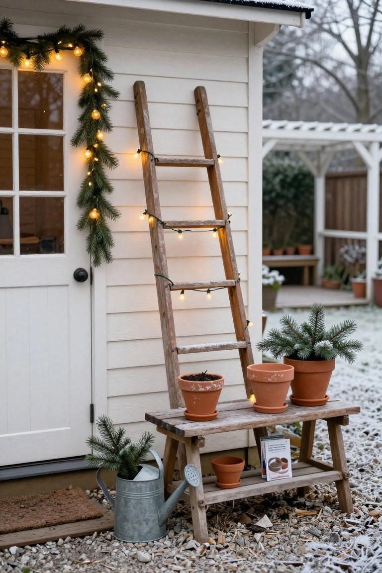 White wooden shed with window and door, leaning ladder draped in string lights and garland, wooden bench holding terracotta pots with small evergreens, metal watering can nearby, light snow on gravel ground.