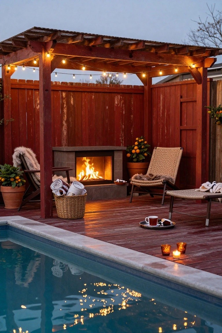 Wooden pergola with string lights over an outdoor seating area by a stone fireplace, lounge chairs with throws, potted plants, candles, and a nearby pool at dusk.