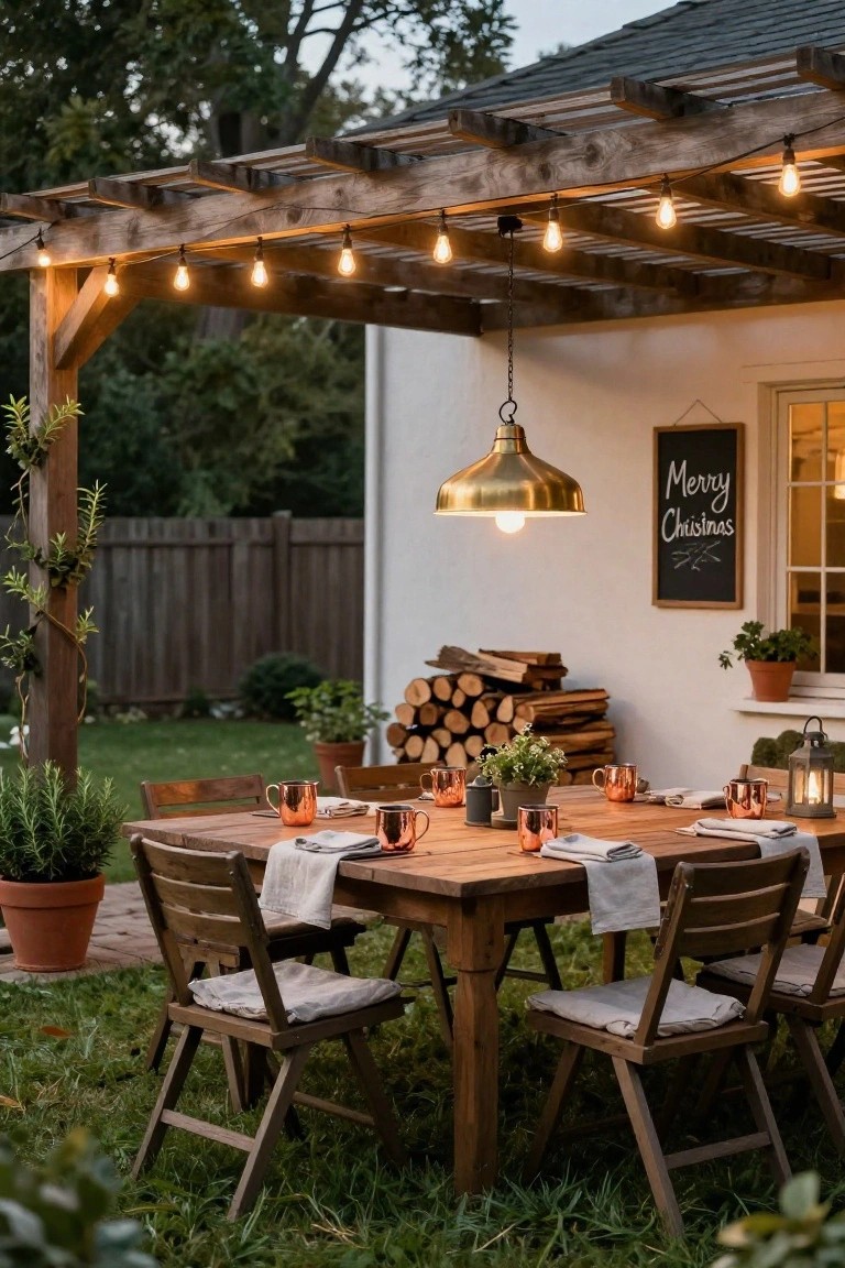 Wooden pergola with cafe string lights overhead and brass pendant lamp over a farmhouse dining table set with copper mugs and linens, next to a house with Merry Christmas chalkboard sign, wood stack, plants, and yard at dusk.