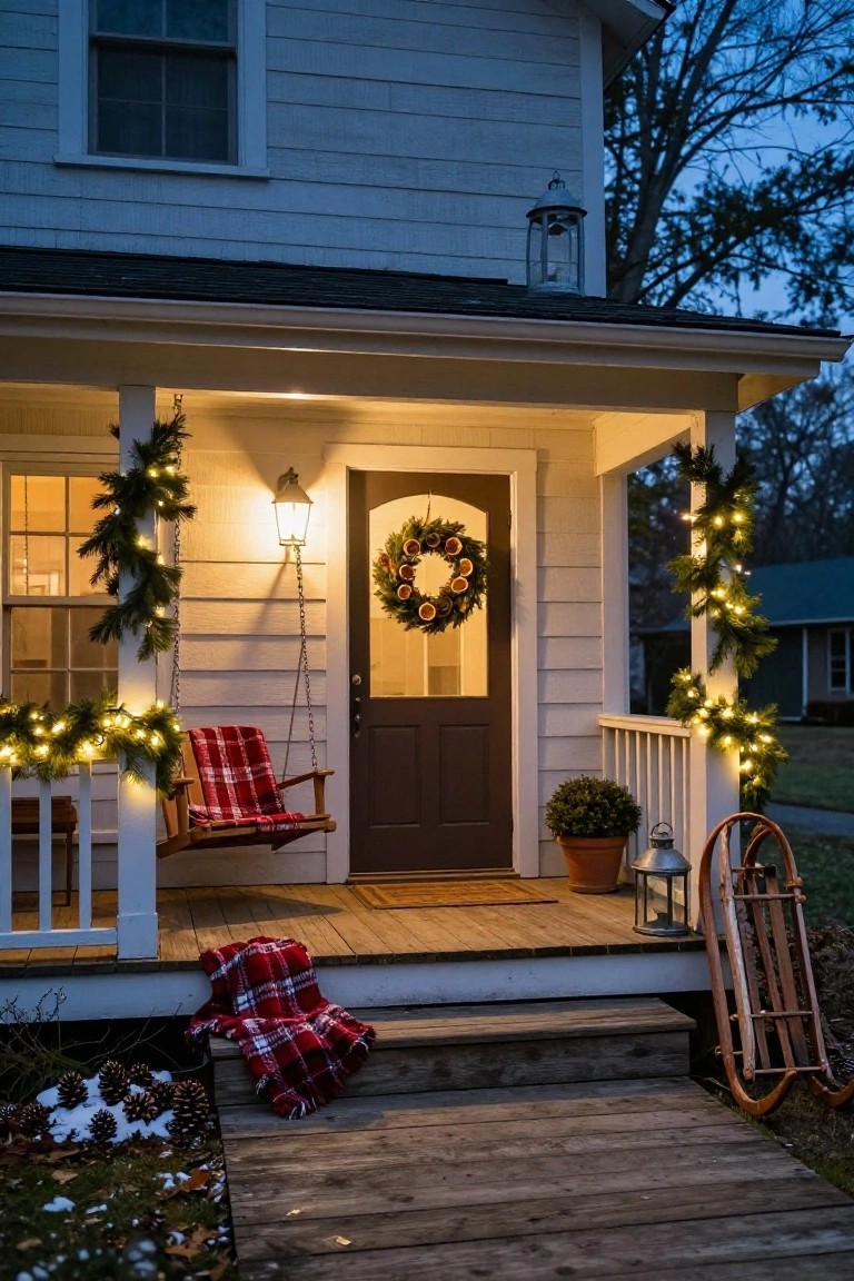 White farmhouse exterior at dusk with front porch featuring evergreen garlands and string lights on posts and railings, plaid blanket on wooden porch swing, wreath on dark front door, lanterns, sleigh, and pinecones near wooden steps.