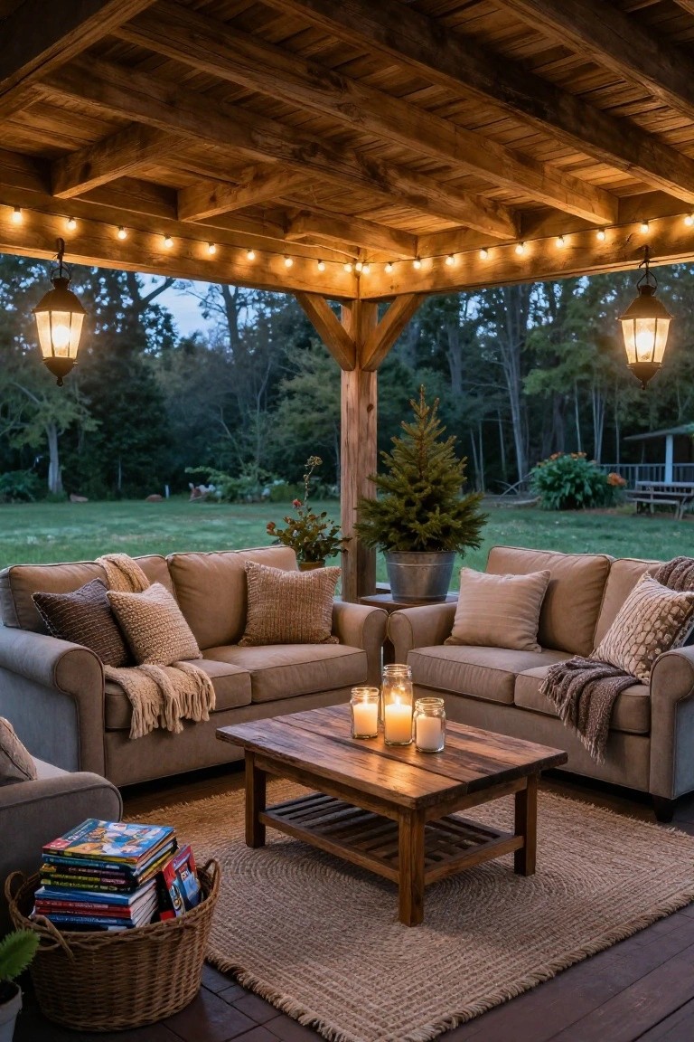 Rustic wooden covered porch with two beige upholstered sofas arranged around a low wooden coffee table holding candles and jars, pillows and throws on seats, string lights overhead, two hanging lanterns, small potted Christmas tree in metal bucket, basket of books on deck floor, view of grassy yard and trees at dusk.