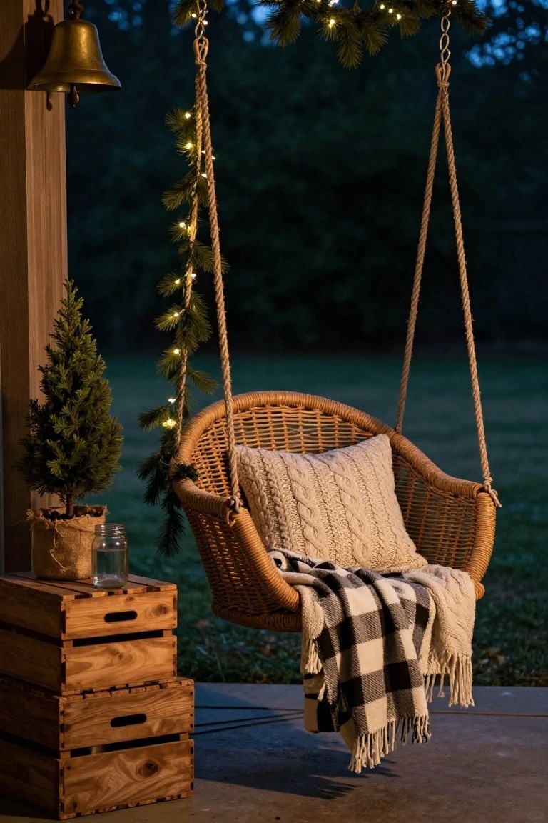 Wicker hanging porch swing with cream knit pillow and plaid blanket, ropes wrapped in string lights and pine branches, next to stacked wooden crates with glass jar and small potted Christmas tree under wooden shelter at dusk.