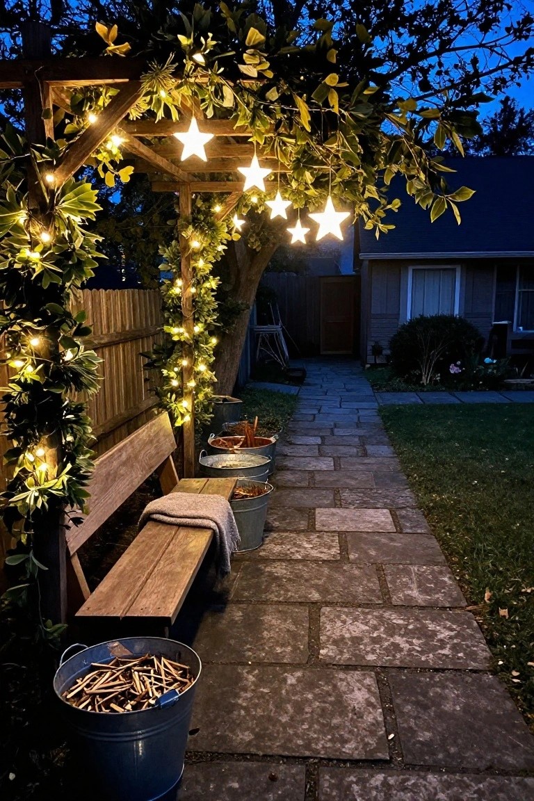 Wooden arbor draped in greenery and lit with white star-shaped string lights hanging over a wooden bench with a blanket and blue metal buckets filled with sticks beside a stone pathway in a backyard garden at night.